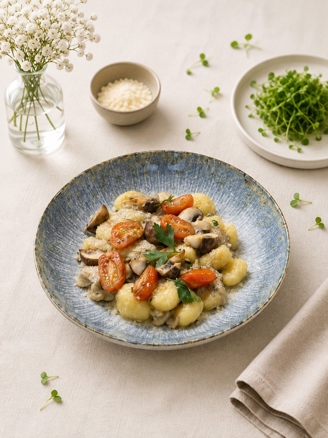 Krémové gnocchi so šampiňónovou omáčkou, parmezánom a pečenými cherry paradajkami